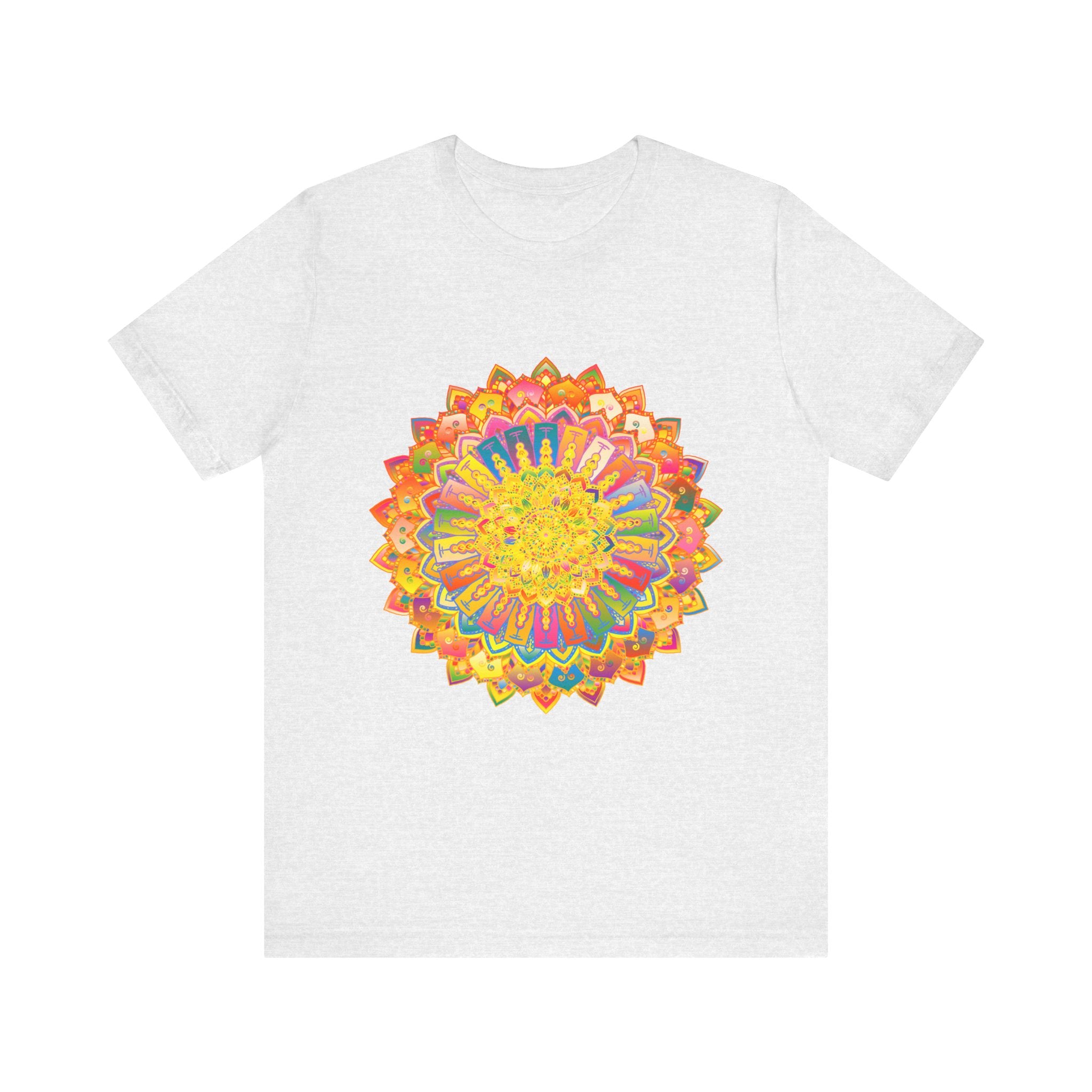 A close-up image of a vibrant, intricate mandala tee featuring colorful and peaceful designs