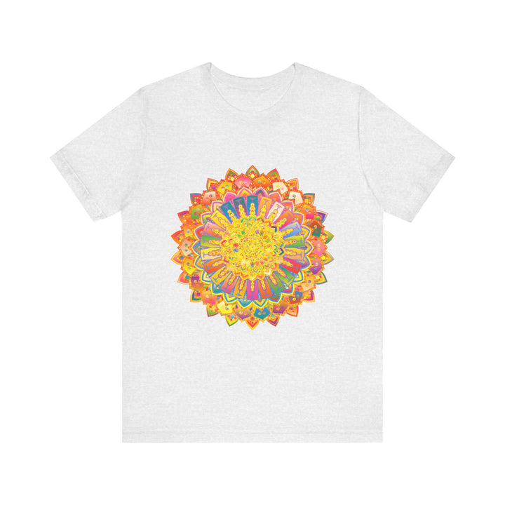 A close-up image of a vibrant, intricate mandala tee featuring colorful and peaceful designs