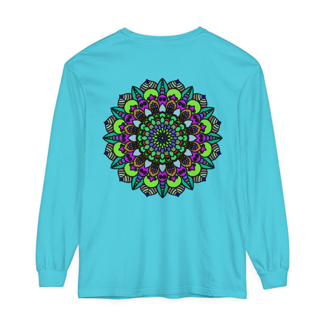 Colorful psychedelic mandala design on unisex long sleeve t-shirt