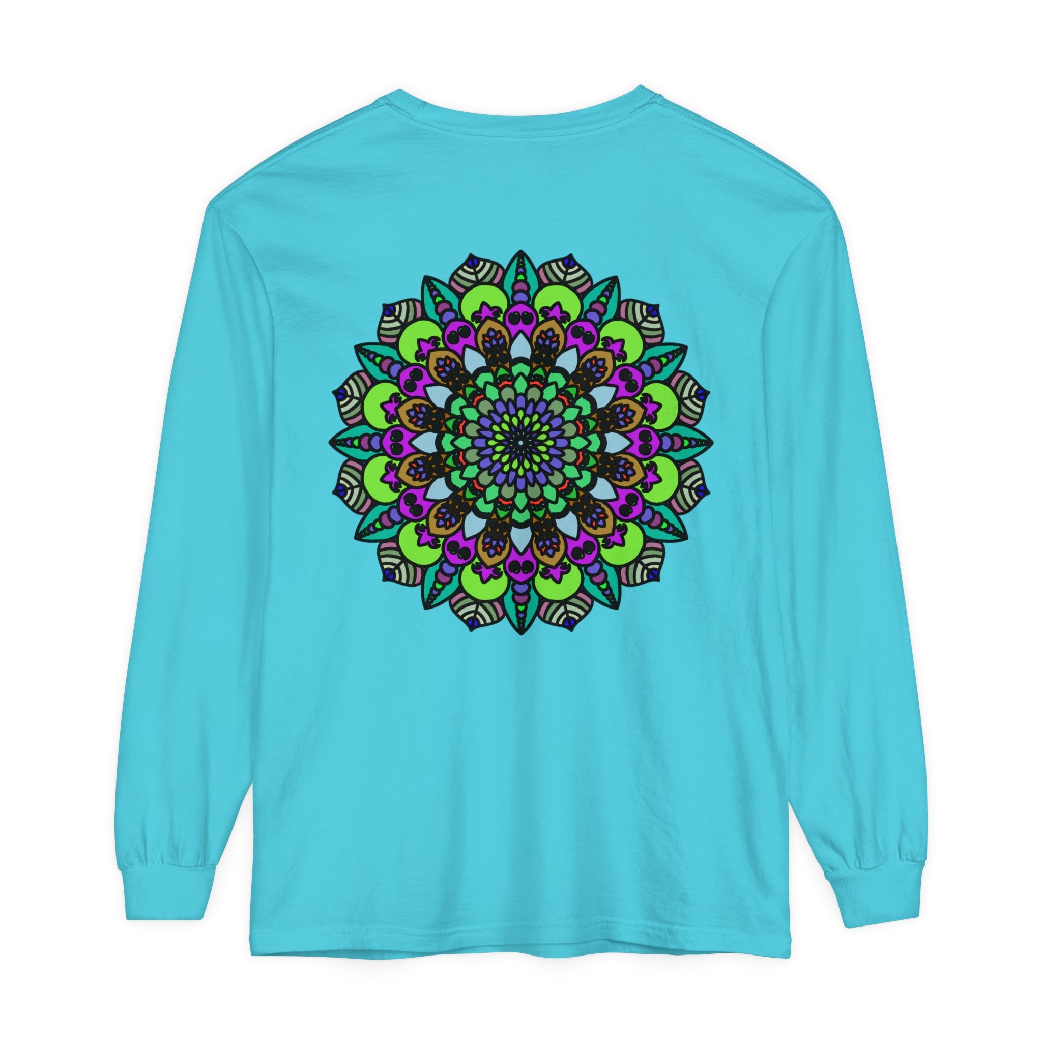 Colorful psychedelic mandala design on unisex long sleeve t-shirt