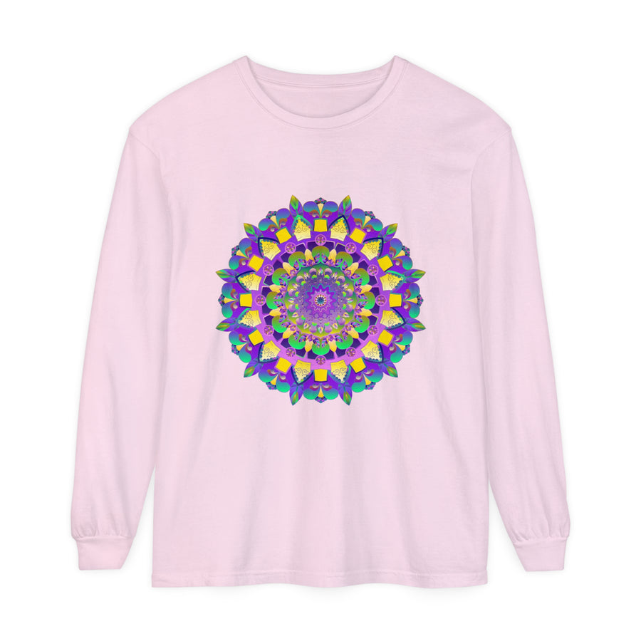 Colorful and intricate mandala design on a unisex long sleeve t-shirt