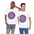 Vibrant and intricate mandala geometric design on a colorful t-shirt