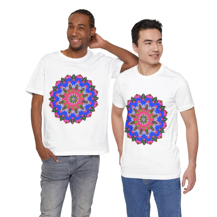 Vibrant and intricate mandala geometric design on a colorful t-shirt