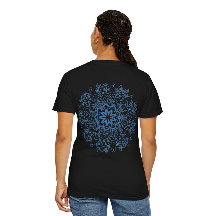 Colorful and intricate handmade mandala art design on a unisex garment-dyed tee