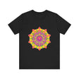 Vibrant Mandala Tee showcasing a colorful floral design in red, blue, yellow, and green, perfect for adding a pop of color to any outfit