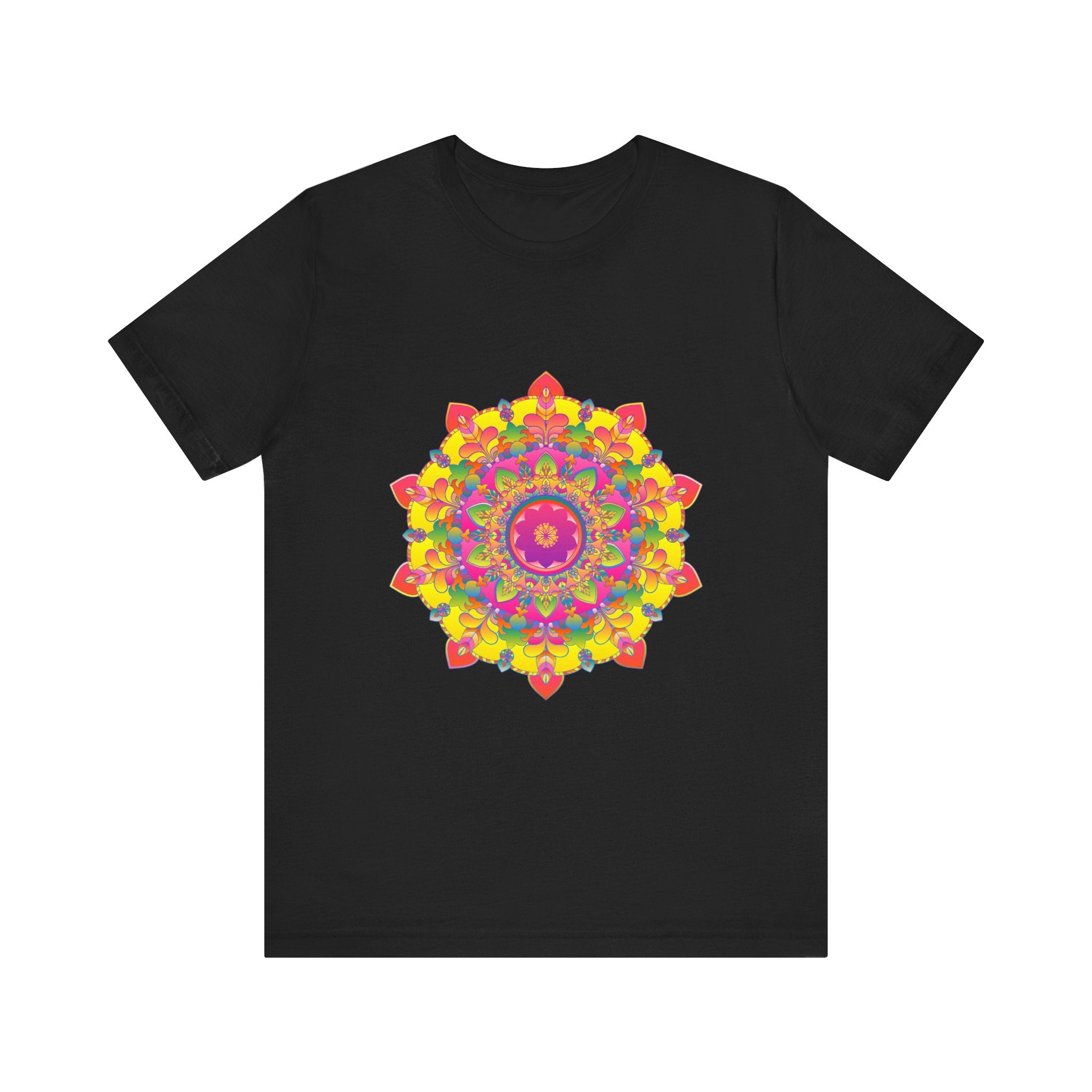 Vibrant Mandala Tee showcasing a colorful floral design in red, blue, yellow, and green, perfect for adding a pop of color to any outfit