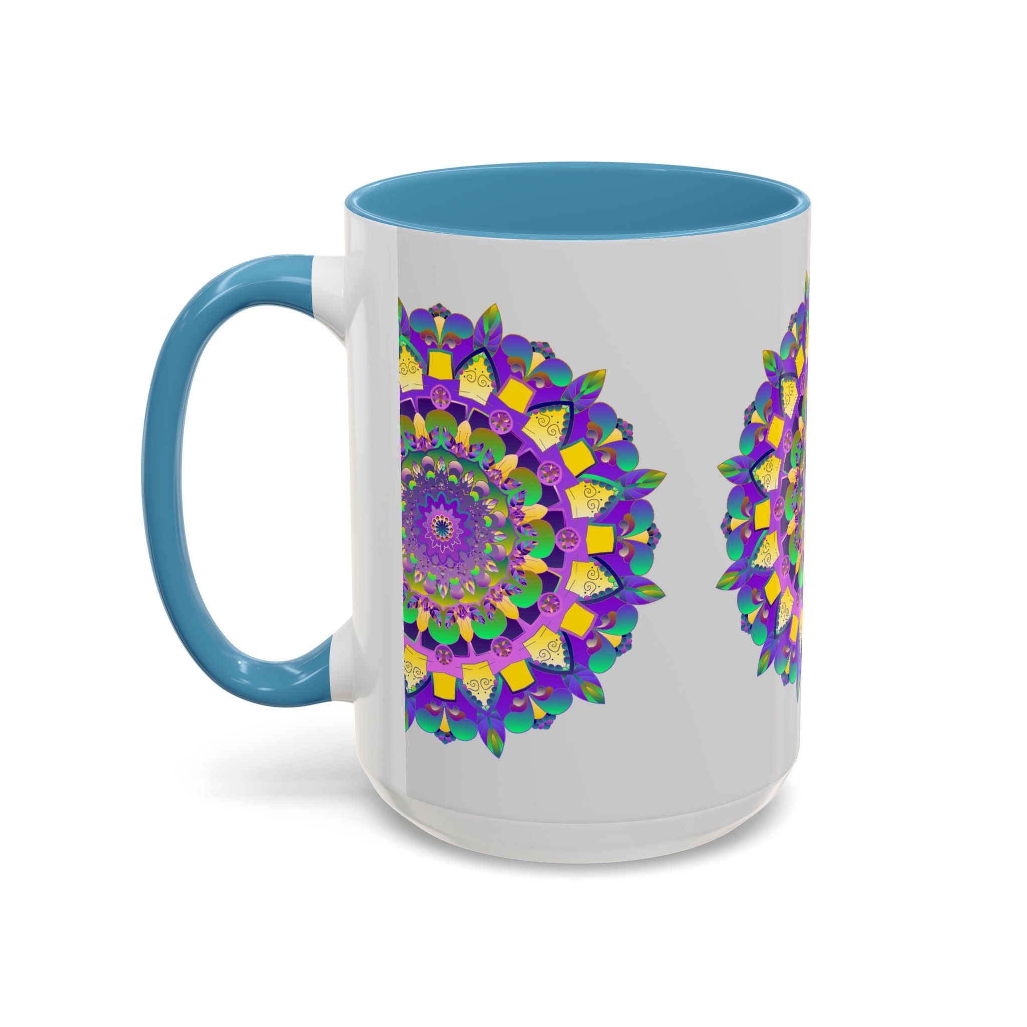 Beautiful purple and yellow mandala art design mug with intricate patterns