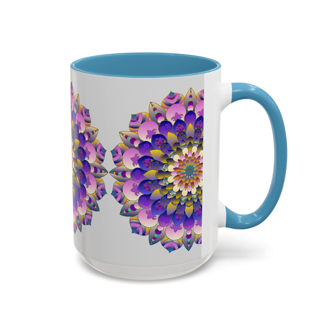 A beautiful mandala art mug with vibrant and intricate designs on a grey background