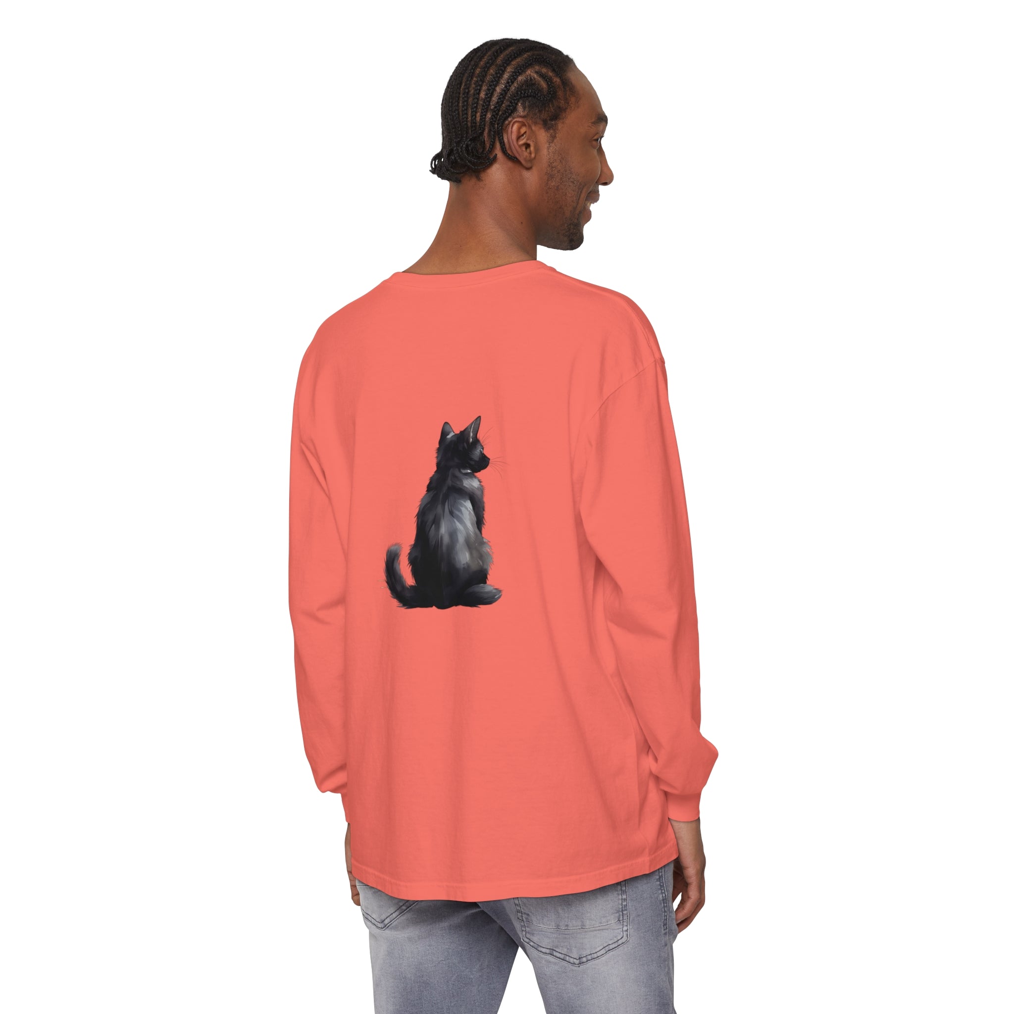 Black Cat Mystery unisex long sleeve tee, featuring a bold black cat graphic on a soft, comfortable long sleeve shirt for men and women