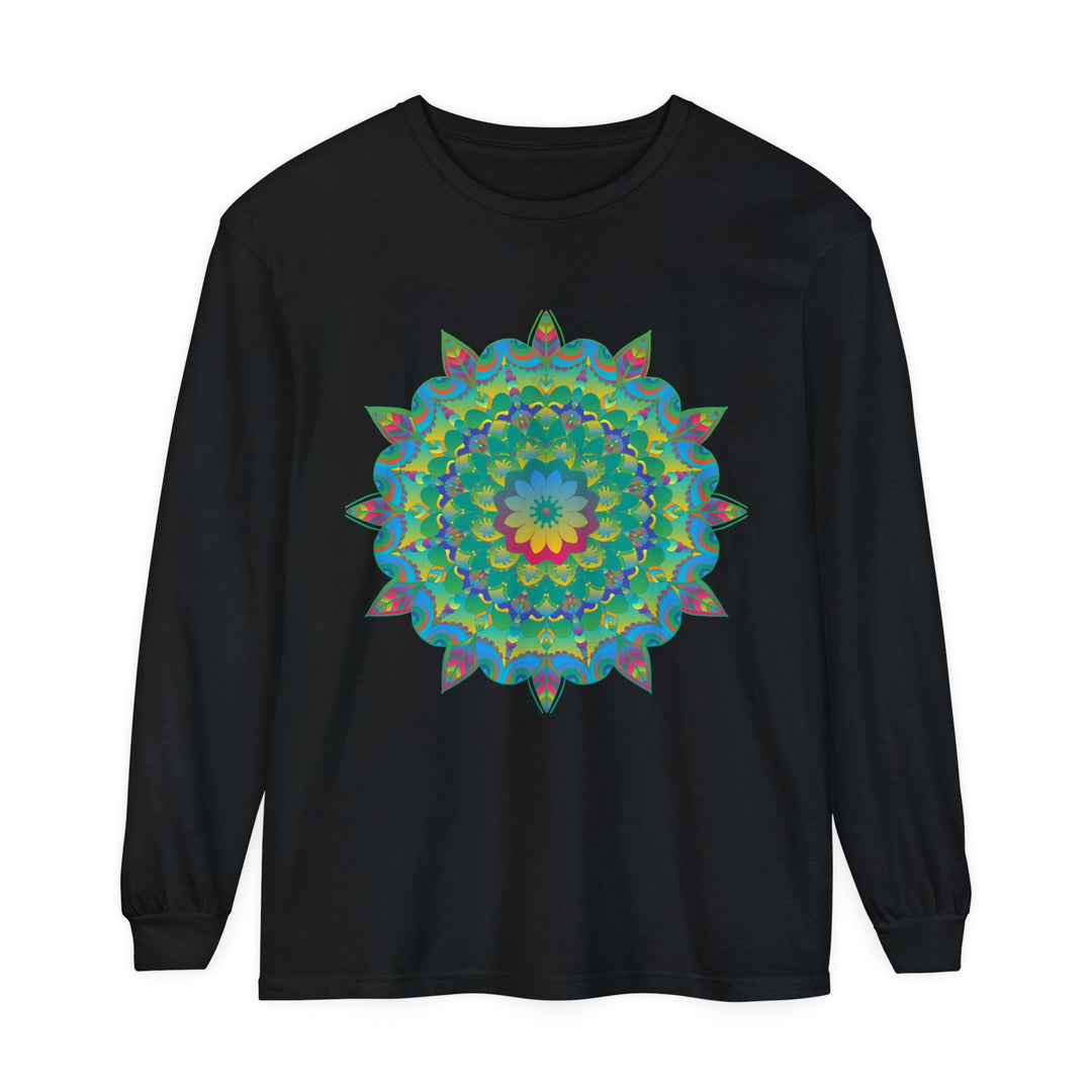 Colorful long sleeve t-shirt featuring a mesmerizing psychedelic mandala design