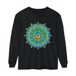 Colorful long sleeve t-shirt featuring a mesmerizing psychedelic mandala design
