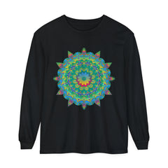 Colorful long sleeve t-shirt featuring a mesmerizing psychedelic mandala design