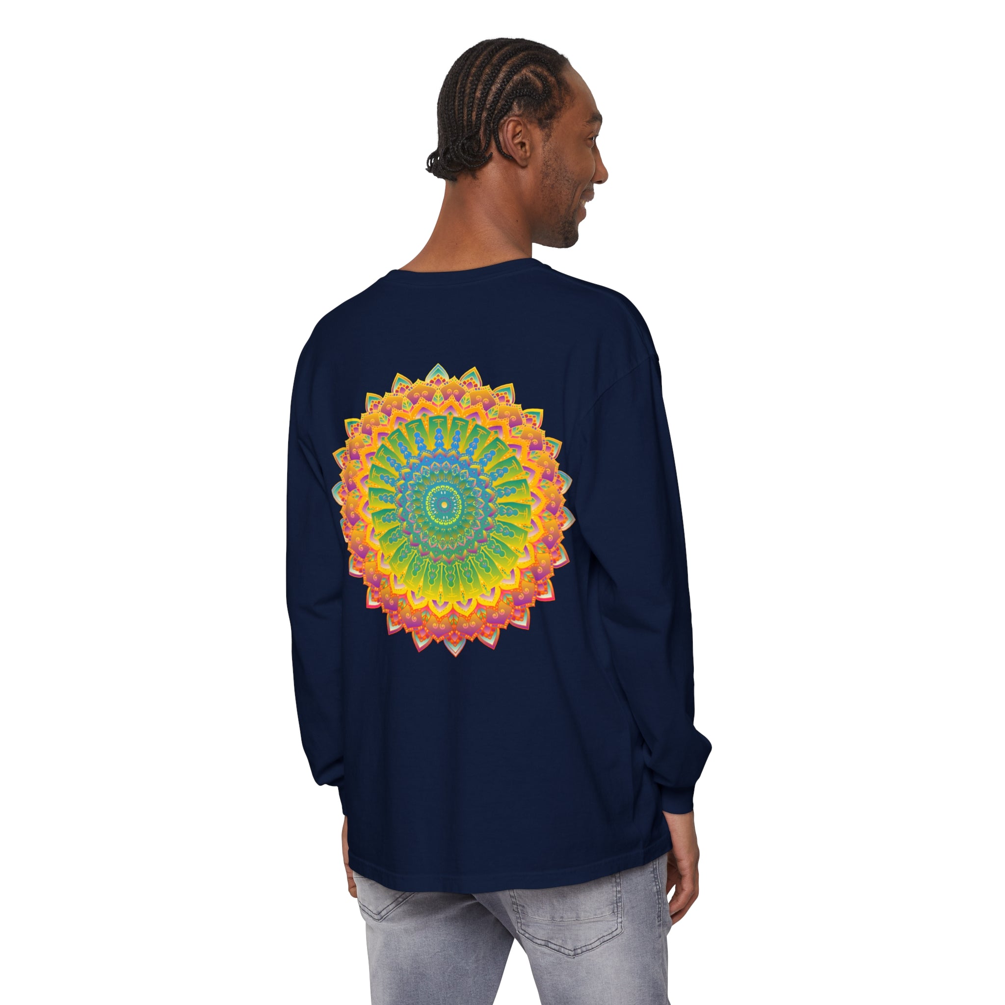 Intricate Mandala Unisex Long Sleeve T-Shirt featuring a beautiful, detailed mandala design in vibrant colors on a comfortable, long sleeve shirt