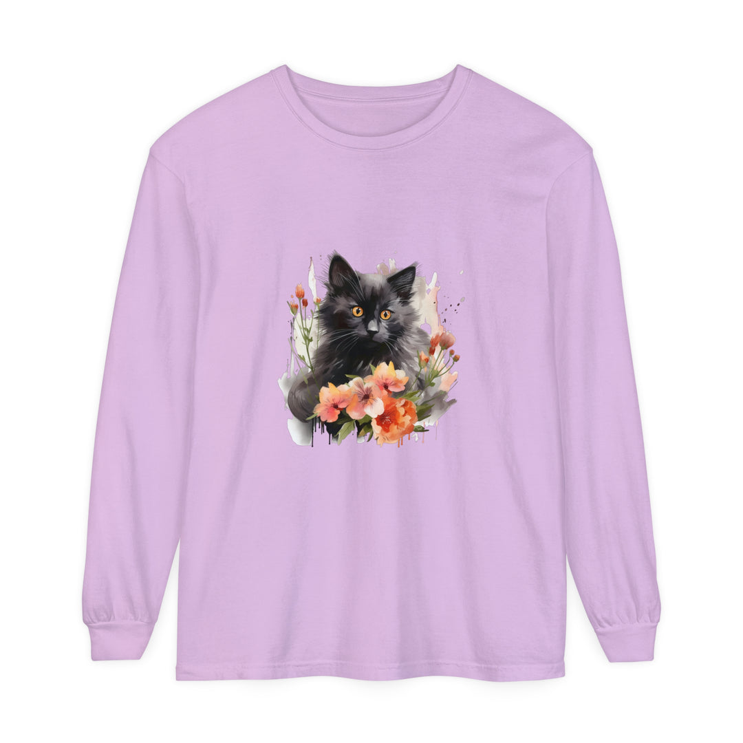 Beautiful watercolor design of a black cat surrounded by colorful flowers on a t-shirt