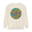 A close-up image of a vibrant mandala long sleeve unisex t-shirt with intricate and colorful patterns