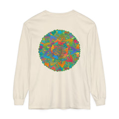A close-up image of a vibrant mandala long sleeve unisex t-shirt with intricate and colorful patterns