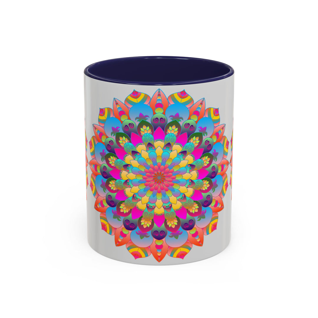 A vibrant and intricate mandala art mug featuring a colorful circular design