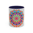 A vibrant and intricate mandala art mug featuring a colorful circular design