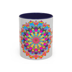 A vibrant and intricate mandala art mug featuring a colorful circular design