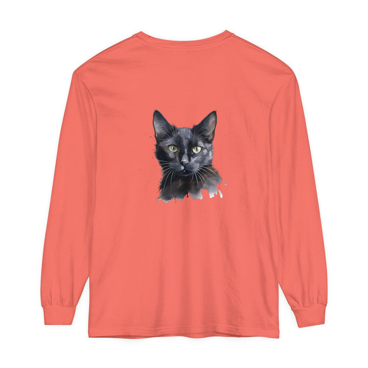 A close-up image of a black cat watercolor design on a mystical long sleeve t-shirt