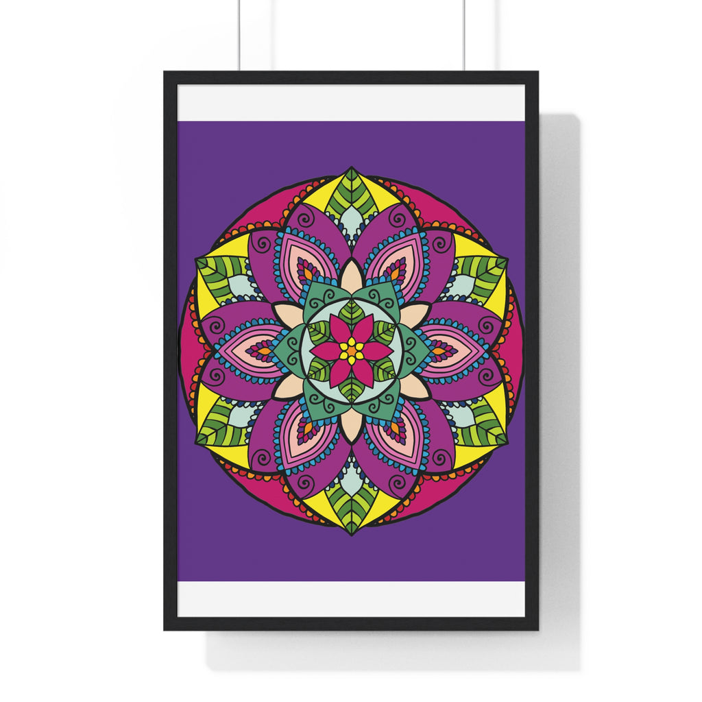 Hand-drawn vertical framed poster featuring a purple mandala, perfect for mindfulness and yoga