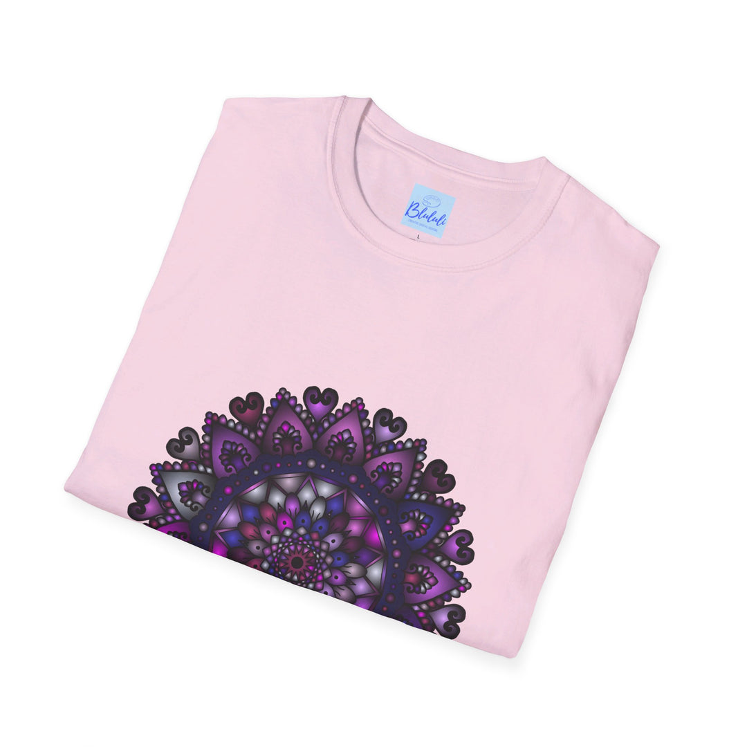 Softstyle unisex t-shirt featuring a hand-drawn purple mandala art design