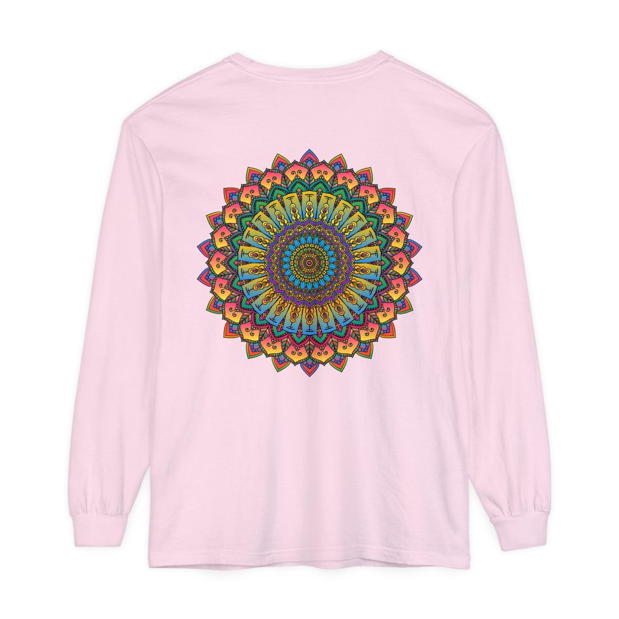 Intricate Mandala Unisex Long Sleeve T-Shirt featuring a beautifully detailed mandala design in vibrant colors perfect for both men and women