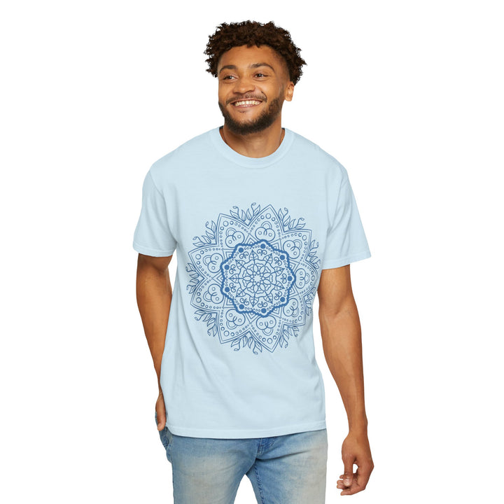 Colorful handmade Mandala art tshirt on unisex garment-dyed tee, perfect for casual wear