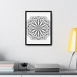 Beautiful and intricate mandala handmade art in black and white, displayed on gallery canvas wraps in a vertical frame