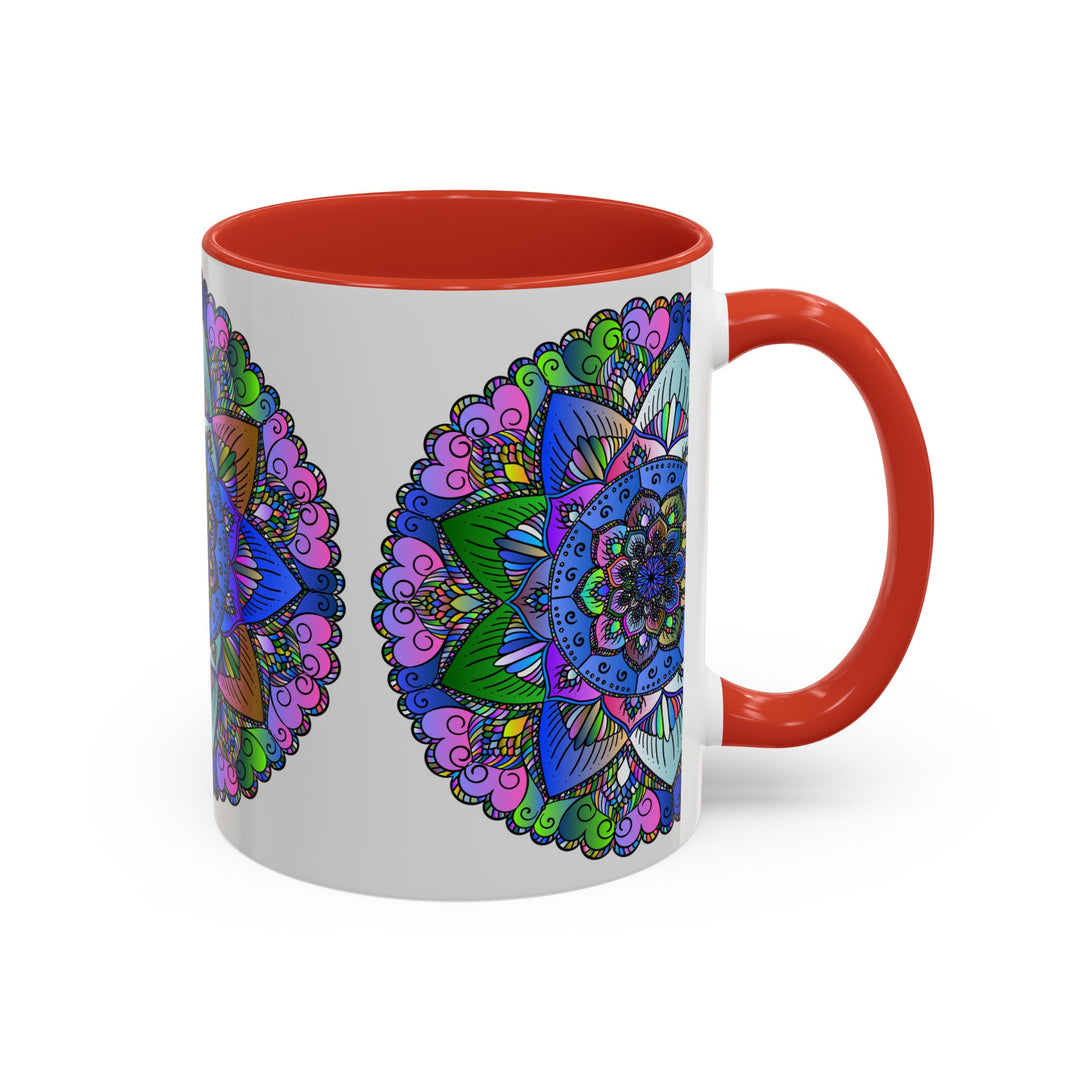 Colorful and peaceful mandala mug with intricate design and vibrant colors