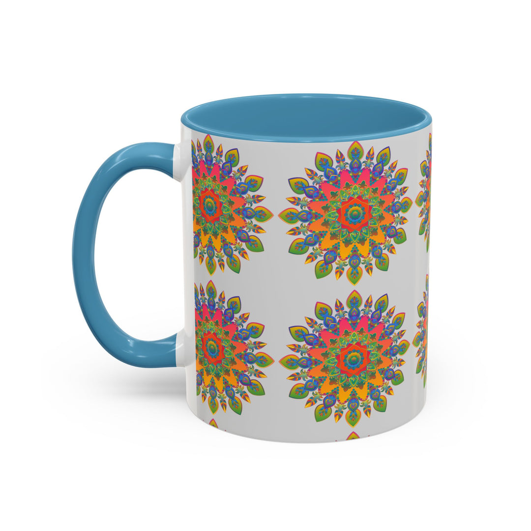 Beautiful and detailed mandala design printed on a grey ceramic mug