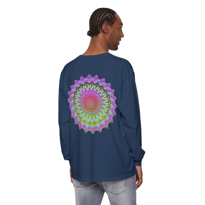 Colorful and intricate mandala design on a unisex long sleeve t-shirt