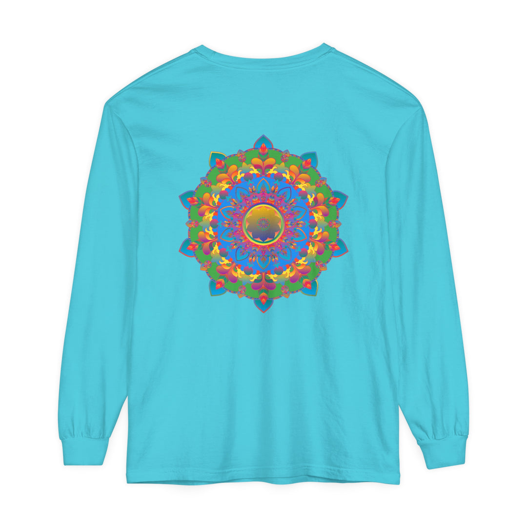 Colorful long sleeve t-shirt featuring an intricate mandala design on front