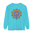 Colorful long sleeve t-shirt featuring an intricate mandala design on front