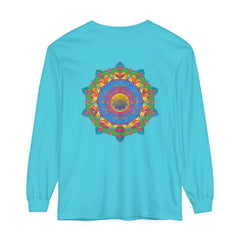 Colorful long sleeve t-shirt featuring an intricate mandala design on front