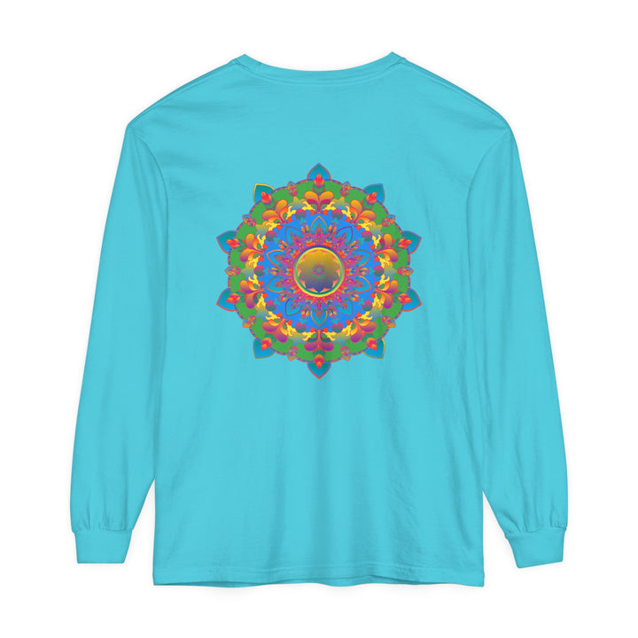 Colorful long sleeve t-shirt featuring an intricate mandala design on front