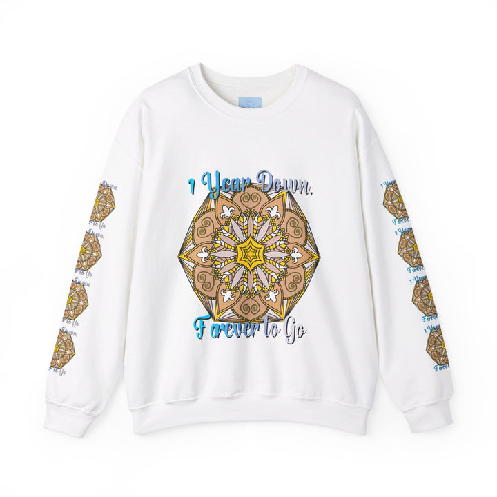 Unisex heavy blend crewneck sweatshirt celebrating first year wedding anniversary with text '1 year down, forever to go'