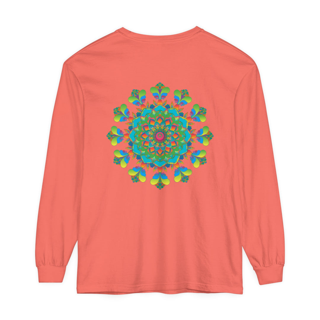 Colorful and vibrant long sleeve tie dye t-shirt with psychedelic mandala design