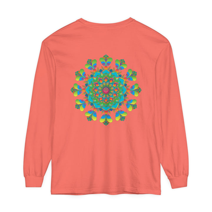 Colorful and vibrant long sleeve tie dye t-shirt with psychedelic mandala design