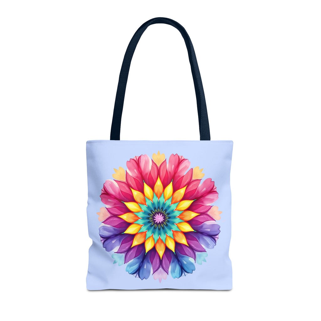 Colorful and vibrant Rainbow Mandala Tote Bag, perfect for carrying all your essentials in style