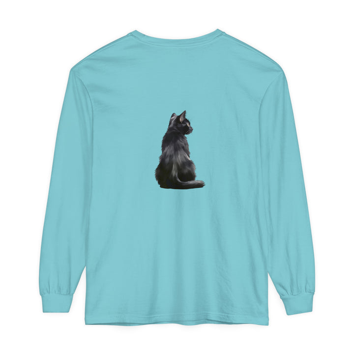 Black Cat Mystique Long Sleeve T-Shirt in black, featuring a stunning feline design