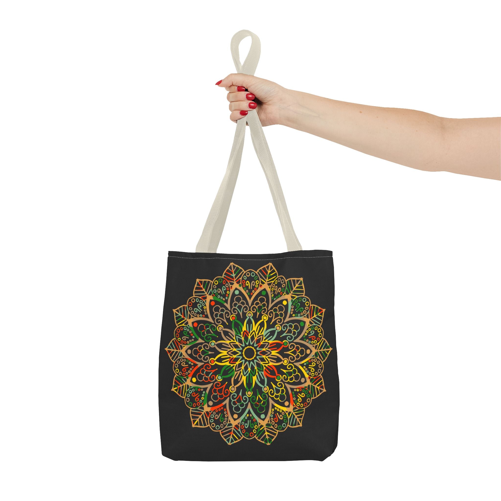 Colorful and intricate hand-drawn mandala art tote bag, perfect for carrying your essentials in style