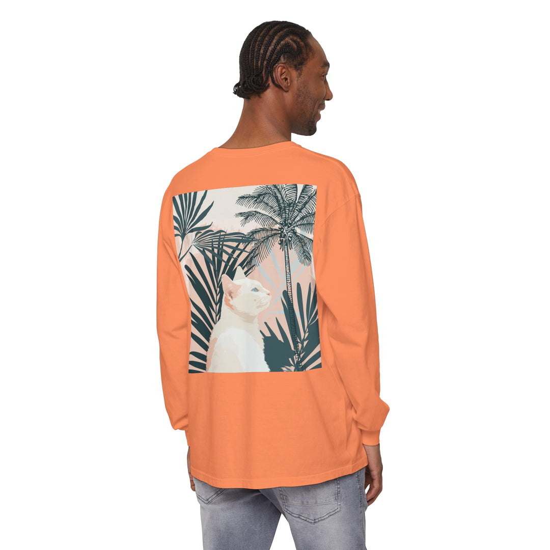 A white cat surrounded by tropical mandala pattern on a long sleeve t-shirt