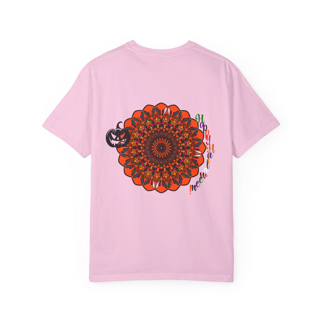 A close-up image of a vibrant, handmade Pumpkin Mandala T-shirt, a unisex tee with intricate design and comfortable fit