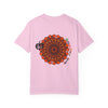 A close-up image of a vibrant, handmade Pumpkin Mandala T-shirt, a unisex tee with intricate design and comfortable fit