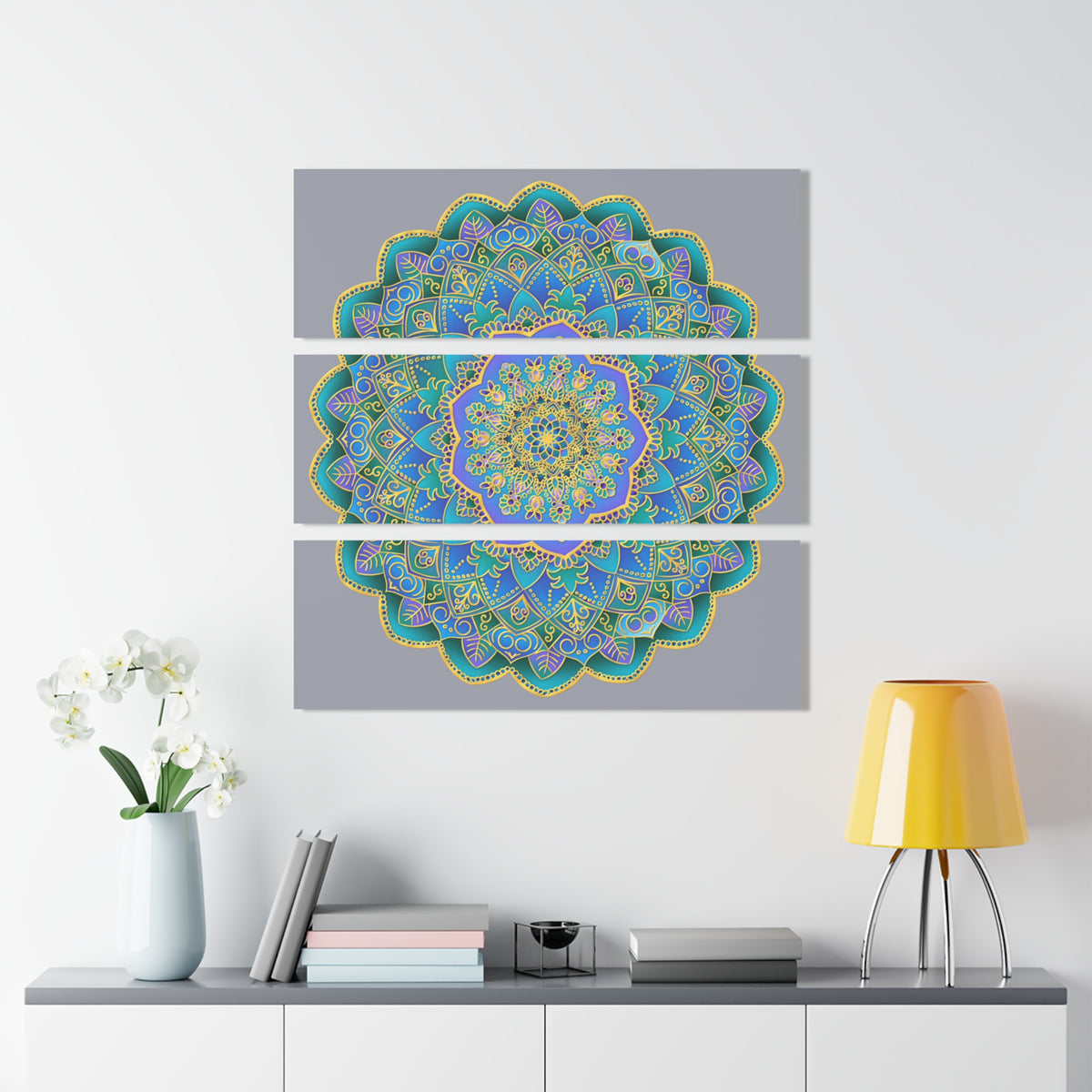 Blau-goldenes Mandala-Acryl-Triptychon-Wandbild
