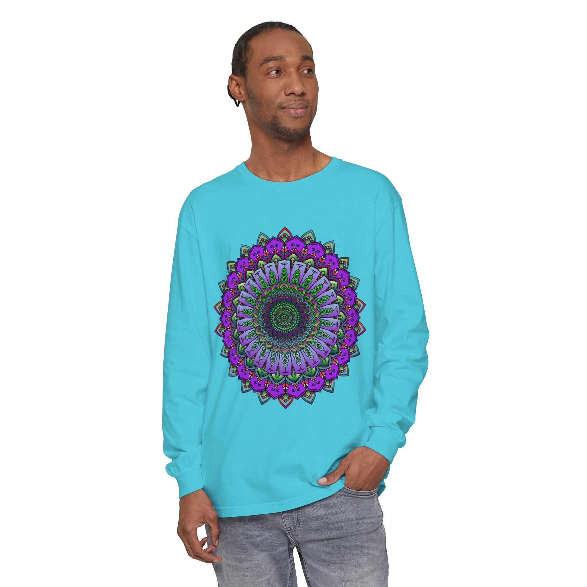 A close-up image of a colorful, intricate mandala design on a unisex long sleeve t-shirt