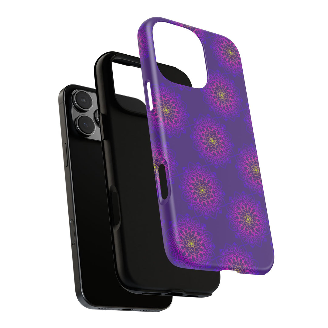Intricate Purple Floral iPhone Case with Bold Mandala Design