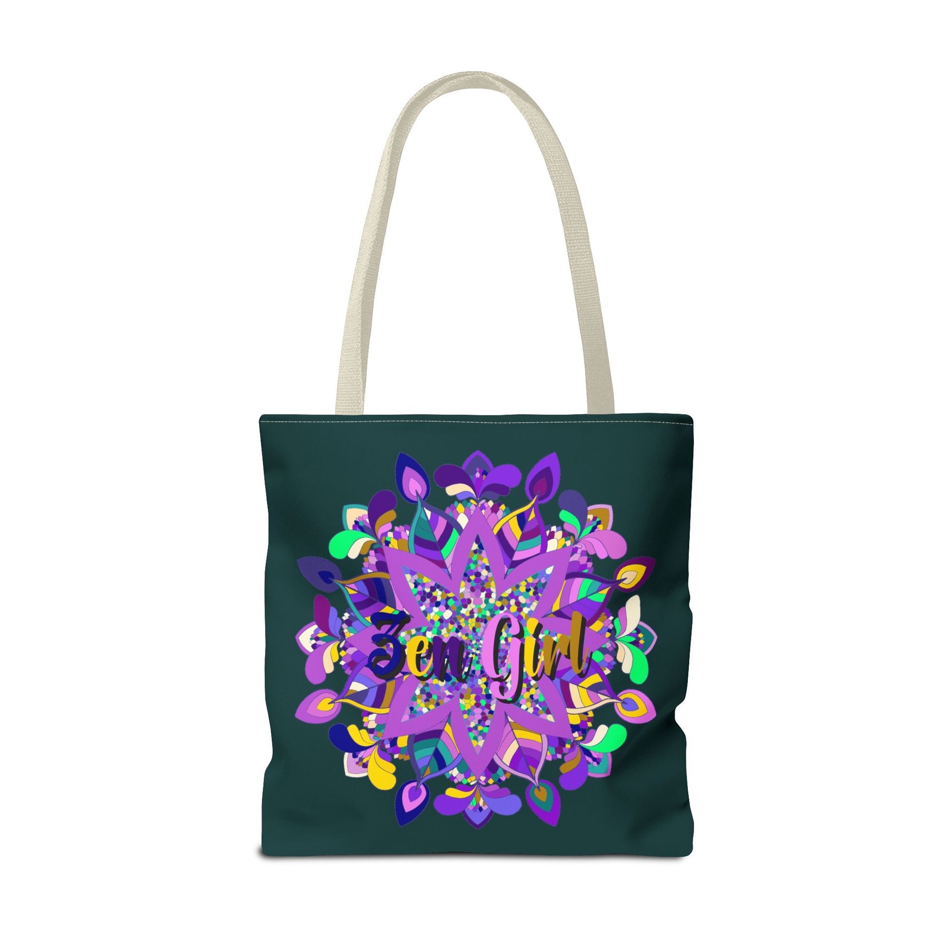 Dark green Zen girl mandala tote bag with colorful design by Blululi