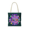 Dark green Zen girl mandala tote bag with colorful design by Blululi